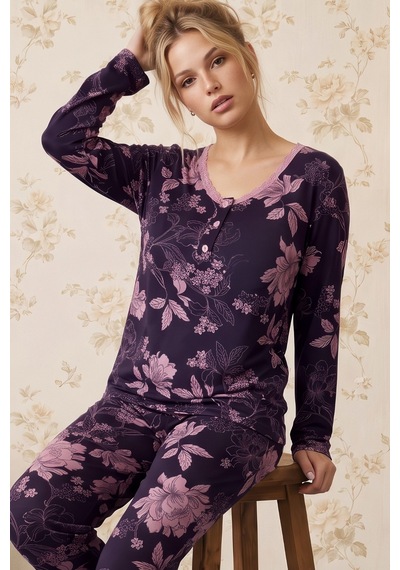 Siyah İnci Mor Desenli V Yaka Düğmeli Viskon Örme Pijama Takım 26224679
