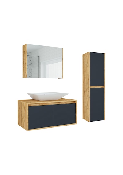 Banos Roomart Lavabolu Ahşap-Antrasit 100Cm Banyo Dolabı+Aynalı+B Antrasit