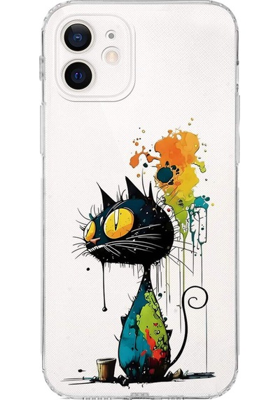 Apple Uyumlu iPhone 12 Mini İle  Splash Kedi Tasarımlı Kamera Korumalı Şeffaf Silikon Kılıf 051e