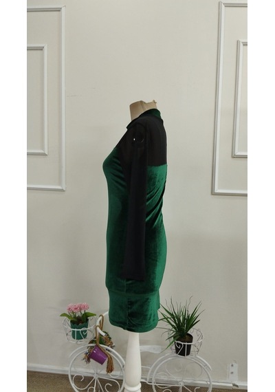 Bhrwear Kadın Uzun Kollu Balıkçı Yakalı Dekolte Tül Detaylı Kısa Kadife Elbise Renkli