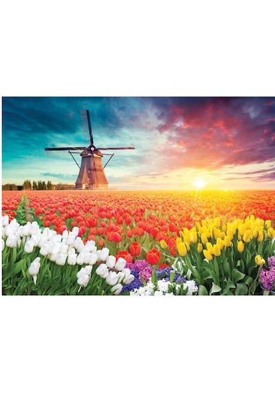 1000 Parça Puzzle - Tulıps And Wındmıll Laleler Ve Yel Değirmeni