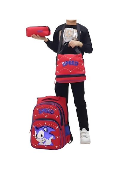 Erkek Çocuk 3 Lü Okul Çanta Seti Sırt Çantası, Beslenme Çantası Ve Kalemlik Kırmızı Speed