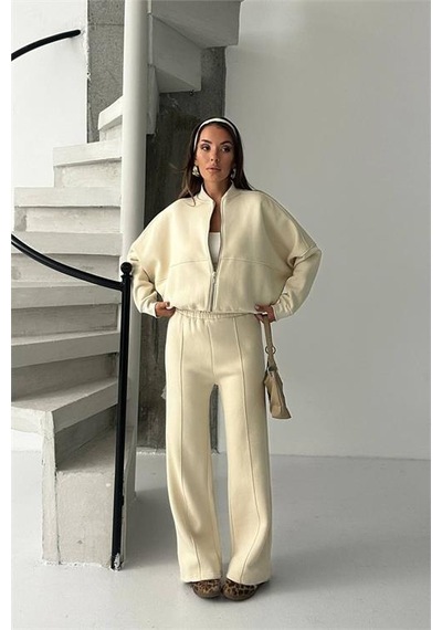 Neşeli Butik Kadın 3 İplik Şardonlu Oversize Eşofman Takımı Nbg105 Bej