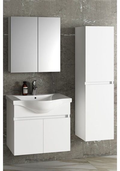 Yıldız 65+35 Cm Beyaz Mdf Seramik Lavabolu Sepetli Asma Banyo Dolabı Takımı