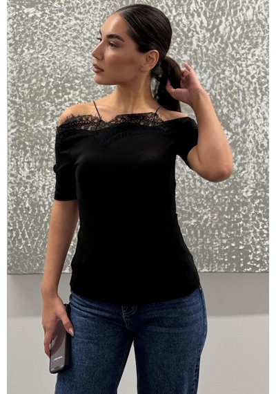 Siyah Dantelli Madonna Yaka Slim Fit Tişört Mg2743