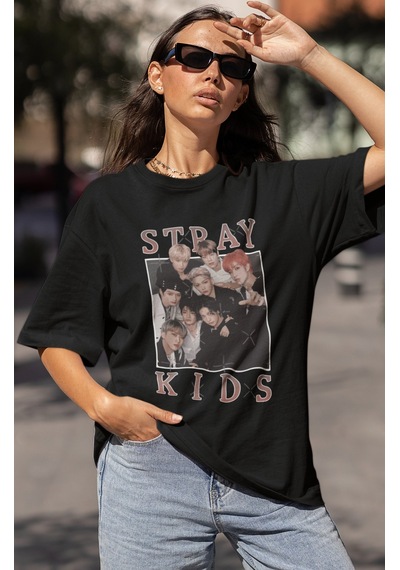Sevbano Stray Kids Müzik Grubu Baskılı Unisex Oversize Tişört Siyah