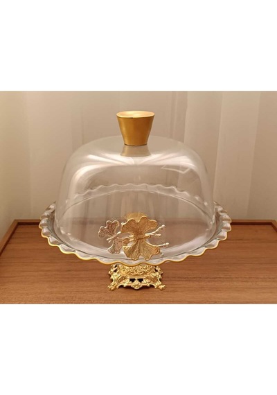Elta Collection Gold Metal Ayaklı Cam Kapaklı Kek - Pasta Stantı Fanus Kelebekli