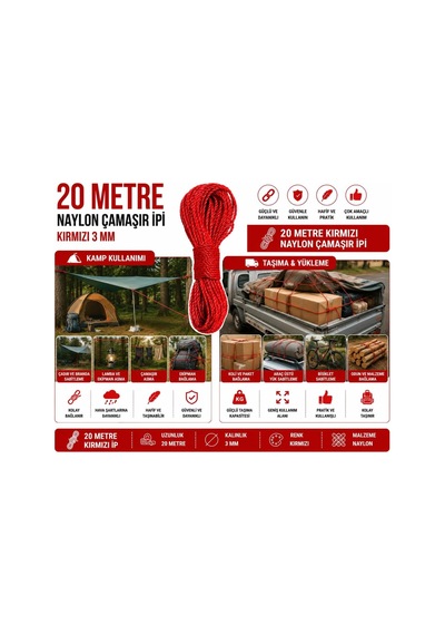 20 Metre Kırmızı Naylon İp 3 Mm, Çok Amaçlı Dayanıklı Çamaşır İpi, Kamp Bahçe Balkon Hamak Ve Taşıma Sab Çok Renkli