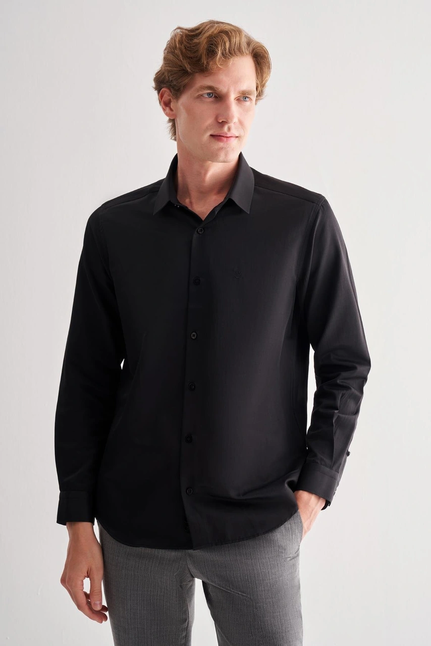 İmza Siyah Sert Yaka Uzun Kol Slim Fit Pamuklu Gömlek 1004255175 Siyah