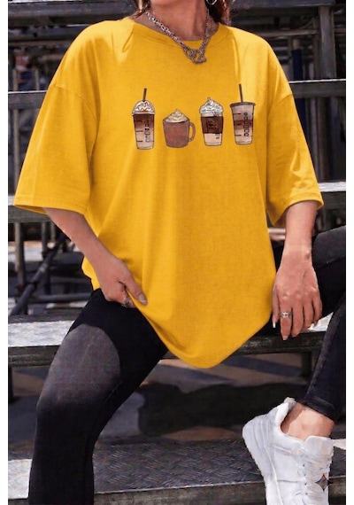 Coffee Lover Baskılı Unisex Oversize T-shirt - Büyük Beden Seçenekli Sari