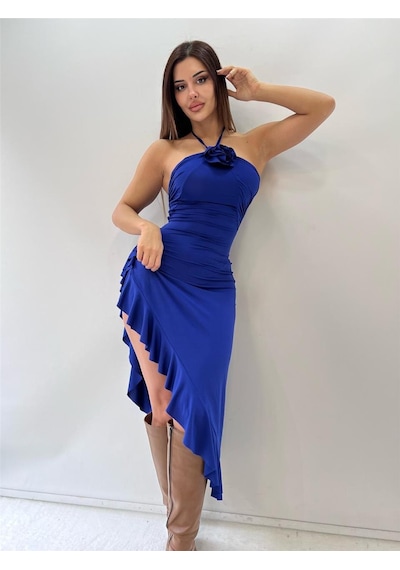 Pink Life Saks Mavi Backless Halter Ruffles Gül Detaylı Midi Elbise-saks Mavi