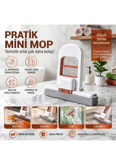 El Değmeden Sıkmalı Süngerli Mini Mop & Mutfak, Lavabo, Cam, Fayans Temizleme Aparatı Turuncu