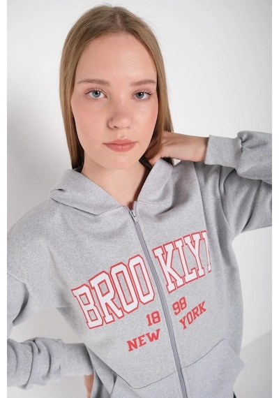 Tarzsokak Kadın Gri Brooklyn Baskılı Oversize Hırka Brooklynhırka