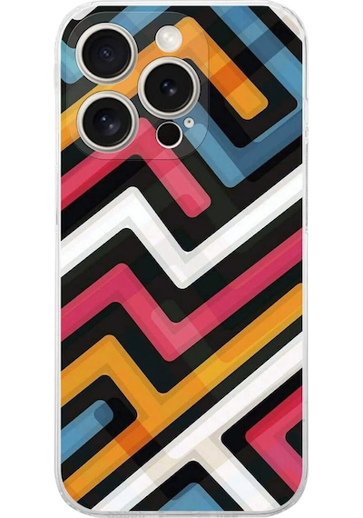 Apple Uyumlu iPhone 15 Pro Kamera Korumalı Labirent Grafiti Tasarımlı Şeffaf Silikon Kılıf