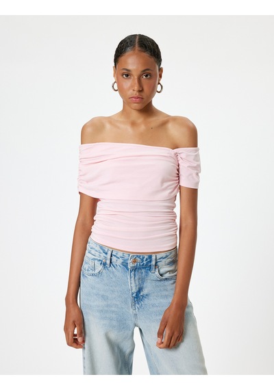 Koton Kayık Yaka Tişört Drape Detaylı Slim Fit Kısa Kollu Pembe 4sal11078ık Gül