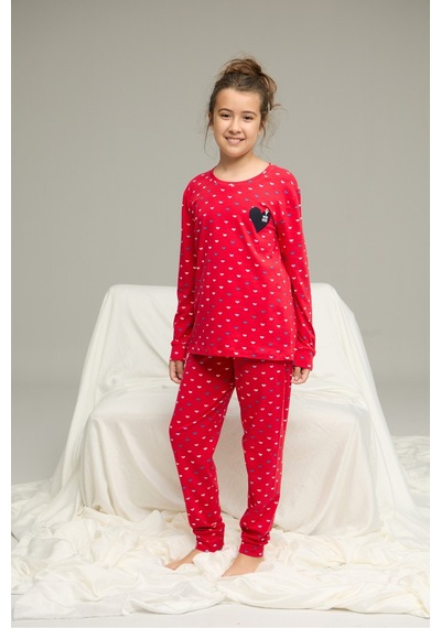 Siyah İnci Pamuklu Bisiklet Yaka Örme Pijama Takım25241153 Kırmızı