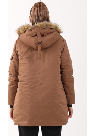 Maraton Sportswear Regular Kadın Kapşonlu Uzun Kol Basic Taba Parka 21418 Taba