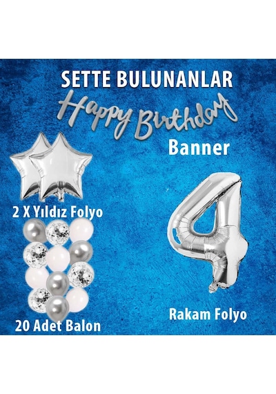 Gümüş Konsept 4 Yaş Doğum Günü Kutlama Seti Beyaz Gümüş Konfetili