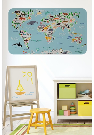 Eğitici Dünya Haritası Dünya Atlası Çocuk Ve Bebek Odası Duvar Sticker-60x105-3771 Çok Renkli