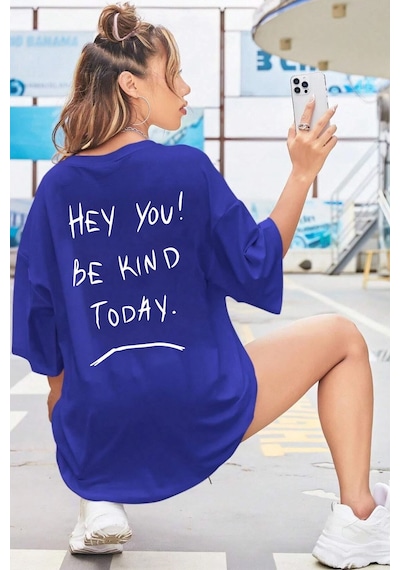 Flood Of Style Unisex Hey You Baskılı T-shirt Mavi