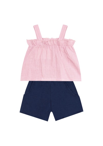 Kız Bebek Çocuk Pembe Yazlık Müslin Askılı Bluz Şort Takım