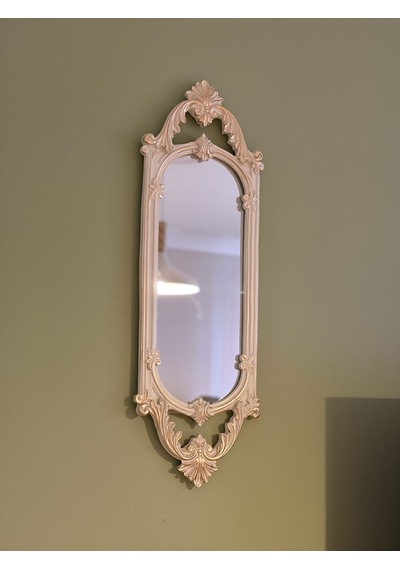 Kısa Oval Dekoratif Duvar Aynası Krem & Eskitme Altın Yaldızlı 60x20 Cm Naturel