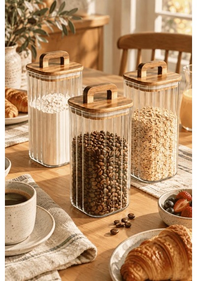 Atbyhome 3'lü Kulplu Akasya Ahşap Kapaklı Çizgili Cam Kavanoz Seti 1850 Ml - Vakumlu Kare Spagetti Erzak Kabı
