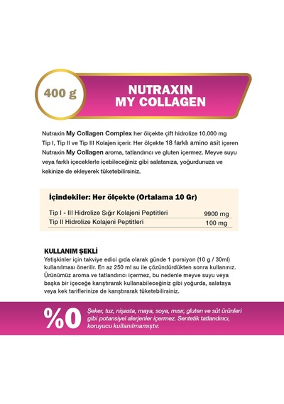 Nutraxin Beauty Tip 1, 2, 3 Kolajen İçeren Toz Takviye Edici Gıda 400 G