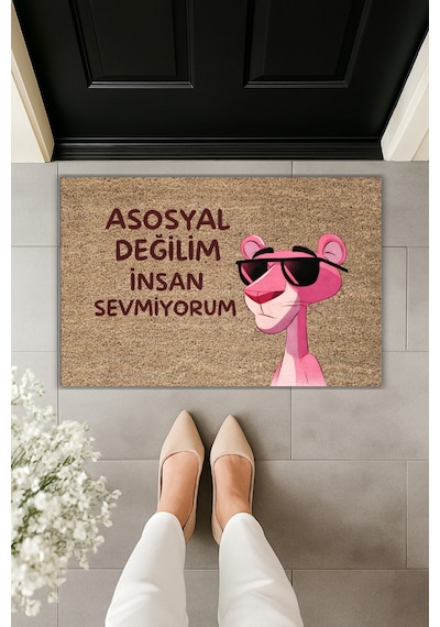 Rugmood Modern Dijital Baskı Paspas - Asosyal Değilim İnsan Sevmiyorum - Kapı Önü Paspası Kahverengi