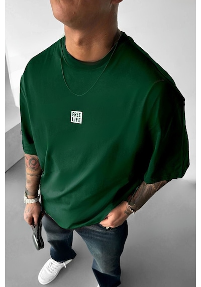 Flood Of Style Erkek Nefti Yeşili Free Life Baskılı Oversize Yeşil