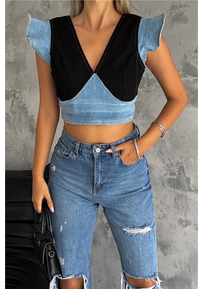 Femelle Kadın Siyah Sırtı Fermuarlı Crop Kot Bluz