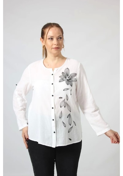 Moda Berray 3293 Beyaz Çiçek Baskılı Organik Keten Kumaş Mevsimlik Gömlek Beyaz