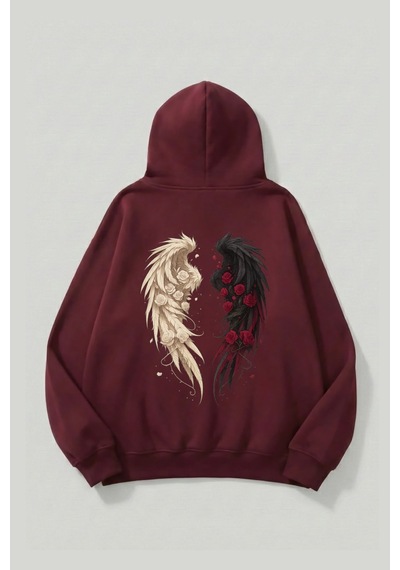 Uyguntarz Unisex Yumuşak Dokulu Güllü Kanat Baskılı Tasarım Oversize 3 İplik Hoodie Sweatshirt Bordo