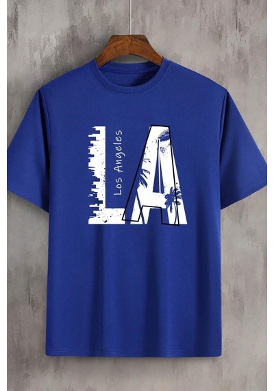 Unisex Los Angles Baskılı Tasarım Tshirt Mavi