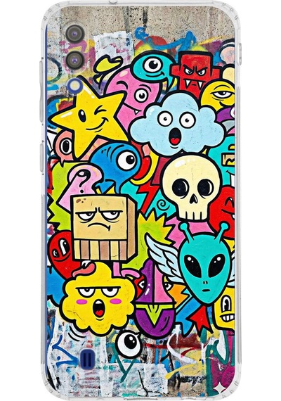 Samsung Galaxy M10 İle Uyumlu Grafiti Doodle Tasarımlı Şeffaf Silikon Kılıf Şeffaf