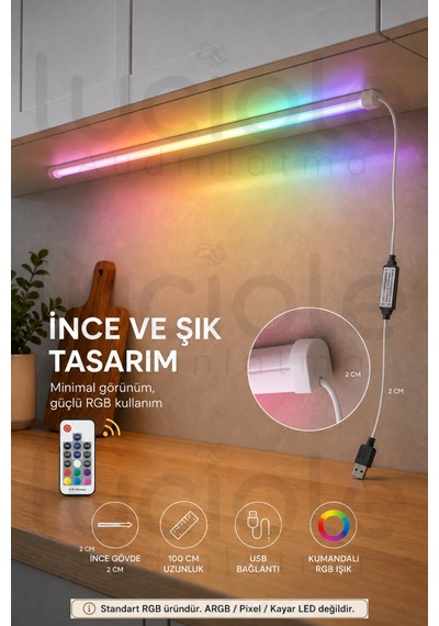 Rf Kumandalı Rgb Led Bar 100 Cm Usb Renk Değiştiren Yapışkanlı Dolap Raf Tezgah Aydınlatma