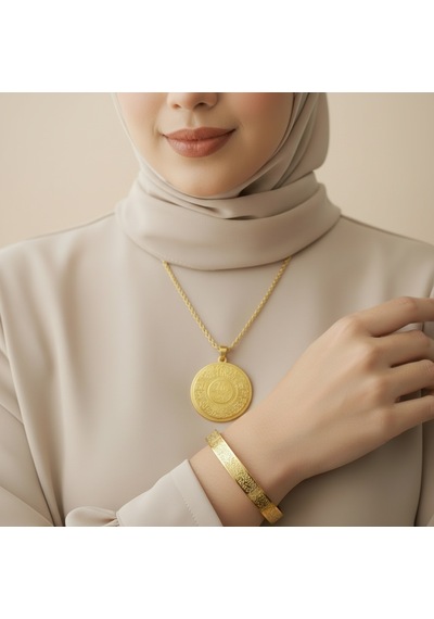 Allahlı Ayetel Kürsi Kolye Ve Ayetel Kürsi Bileklik Seti Gold Çelik İslami Takı Altın