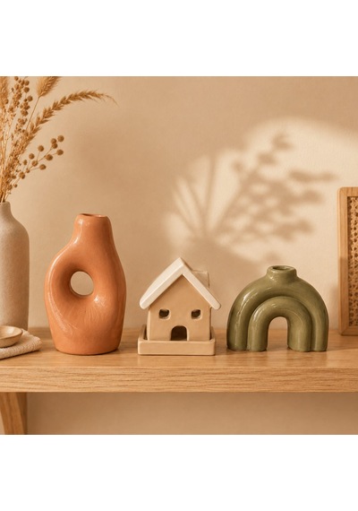 Momiko 3 Lü Modern Bohem Dekoratif Obje Ve Vazo Seti Ev, Kemer Ve Delikli Form Terracota-bej-yeşil