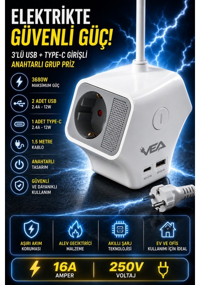 3'lü Grup Priz 2 Usb Type-c Girişli Ayrı Anahtarlı 1.5 Metre Uzatma Kablosu 16a 3680w Ev Ofis Duvar Monteli 0