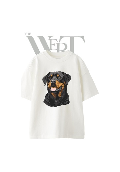 Thewert Rottweiler Tasarım Baskılı Ünisex Beyaz Oversize T-shirt