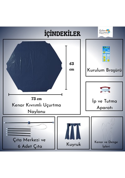 Uçurtma Yapım Seti / Naylon Altıgen / Plastik Çıtalı / Lacivert