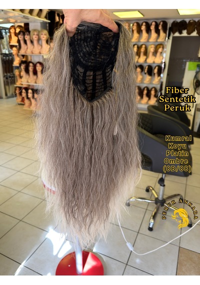 Afro Su Dalgası Peruk Fiber Sentetik Küllü Kumral Arası Işıltılı Platin Ombre