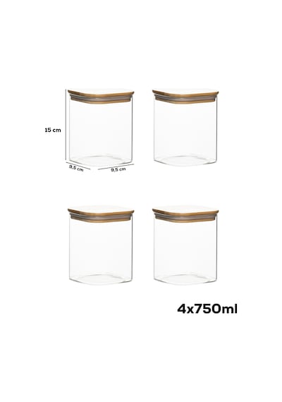 Porsima 5-4 Bambu Vakumlu Kapaklı Kare Borsilikat Cam 4lü Kavanoz Seti Saklama Kabı 750ml 7,5x15cm