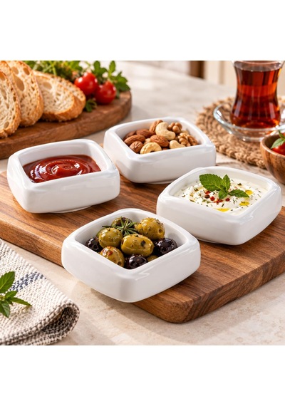 Parrot 4 Adet Beyaz Kare Mini Sosluk Reçellik Ve Kahvaltılık Sunum Kasesi Diğer