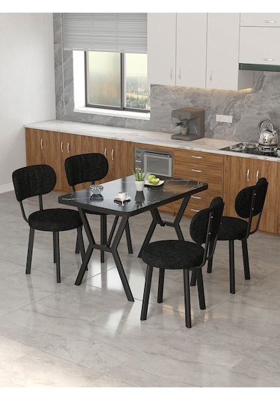 Azra 70x110cm Bendir Mutfak Masası, Mutfak Masası Takımı, Yemek Masası, 4 Siyah Sandalye Siyah