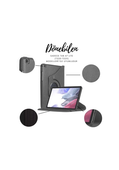 Samsung Galaxy Tab A7 Lite Sm T220 T225 Dönebilen Tablet Kılıfı + Ekran Koruyucu + Kalem Set 8.7 Inç Arka Kapak
