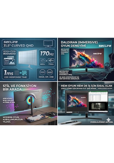 Seclife 31.5" Rc315170h1 2560 1440 1ms 170hz Dp+hdmı+usb R1800 Curve Qhd Monitör
