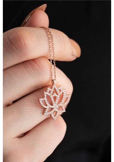 Nereze 925 Ayar Gümüş Zirkon Taşlı Rose Kaplama Lotus Çiçeği Tasarım Kolye