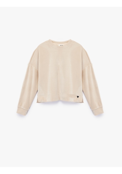 Koton Uzun Kollu Bisiklet Yaka Kalp Detaylı Fitilli Sweatshirt Bej 6wkg10188ak Ekru