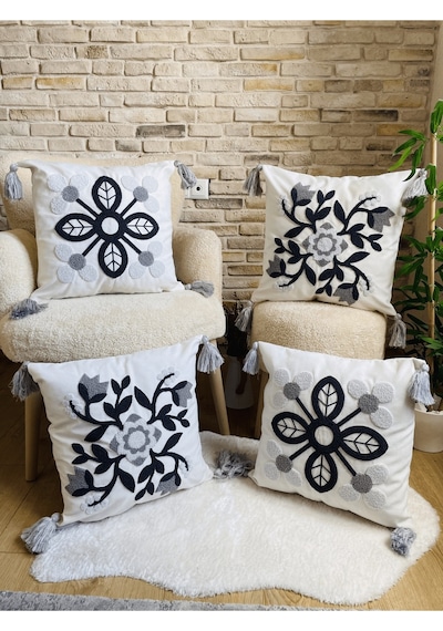 Swita Home 4'lü Kombin Punch Işlemeli Kırlent Kılıfı Panç Gri